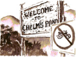 Illustration showing "Welcome to Chelm's Pond" sign.